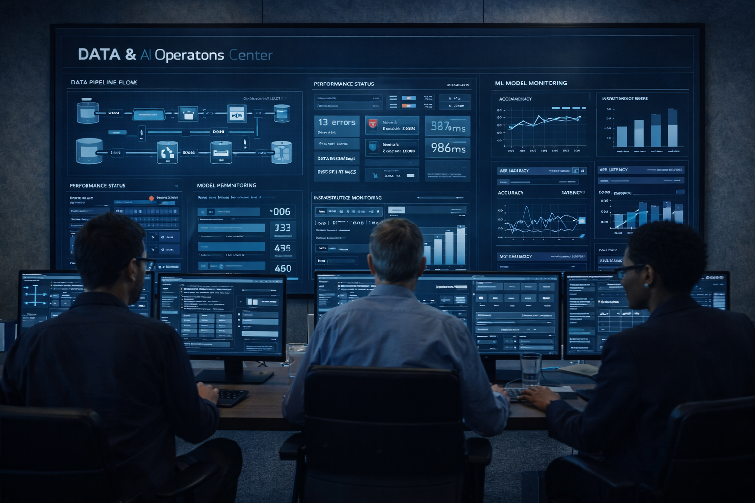 Technology professionals working at an AI operations centre monitoring data pipelines